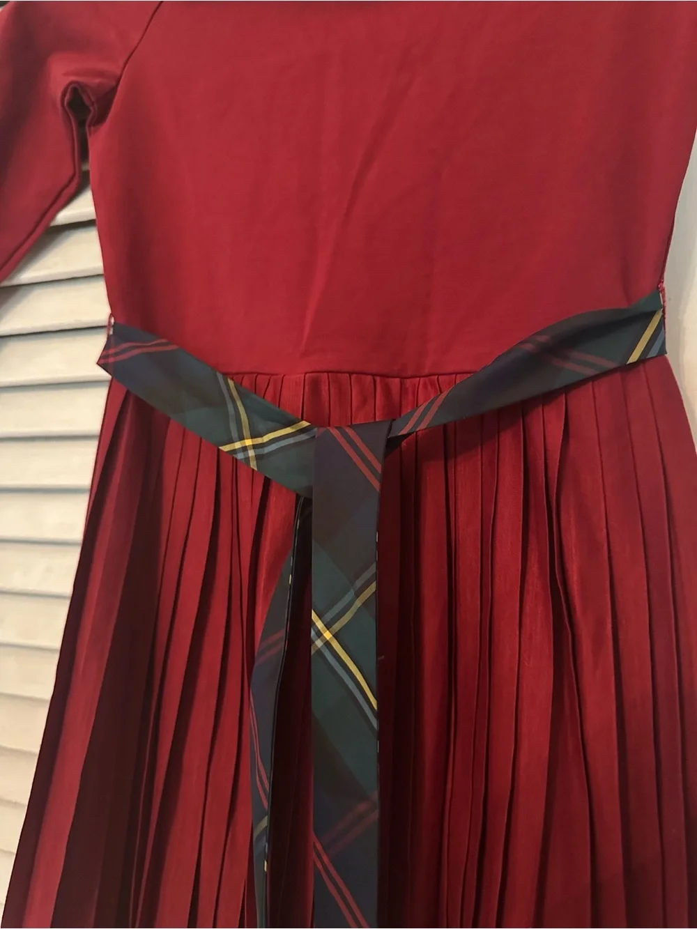 Ralph Lauren Girls' Deep Red Pleated Dress with Tartan Sash